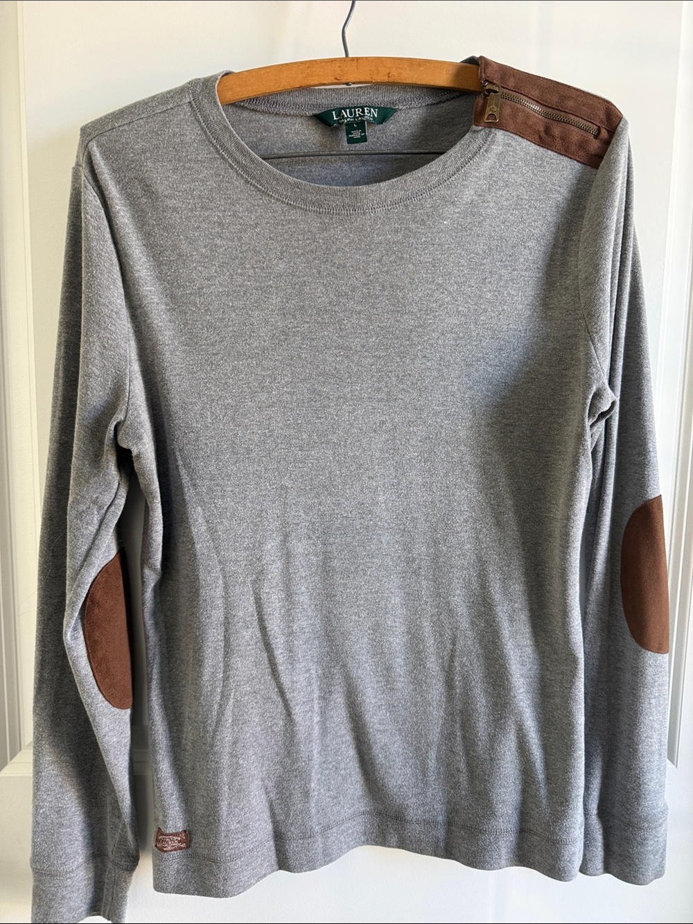 Lauren Ralph Lauren Woman’s Gray Crewneck Sweater with Brown Elbow Patches - L